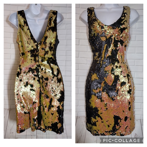 Aakaa Yellow Gold and Black Reversible Sequin Party Dress - Picture 1 of 8